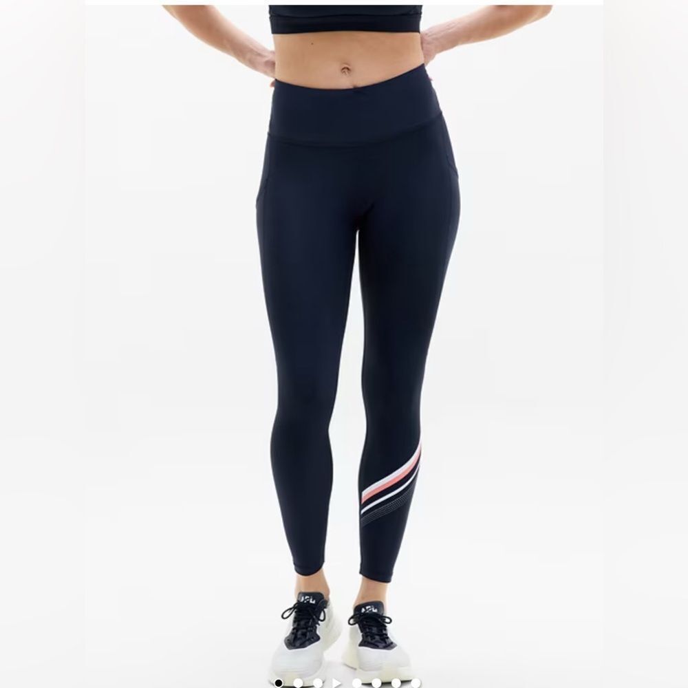 Athleta Interval Stash High Rise  Navy Leggings with Striped Detail NWOT